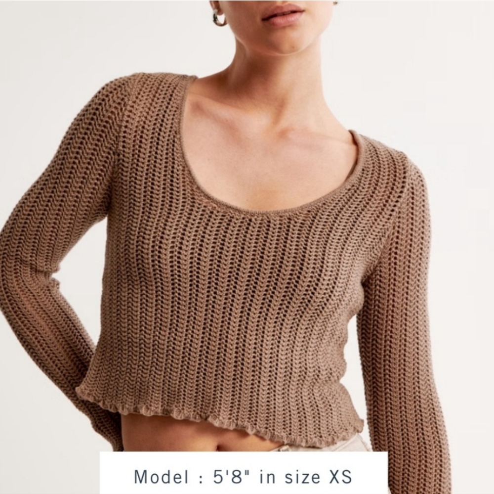 ABERCROMBIE Taupe Long-Sleeve Scoopneck Crochet Top